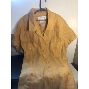Women's 100% Linen Guayabera Orange‎ 4 Pocket Short Sleeve Size 14 Petite NWOT